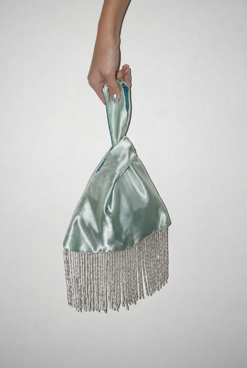 Nicole handmade Japanese knot bag in mint satin with beaded fringe